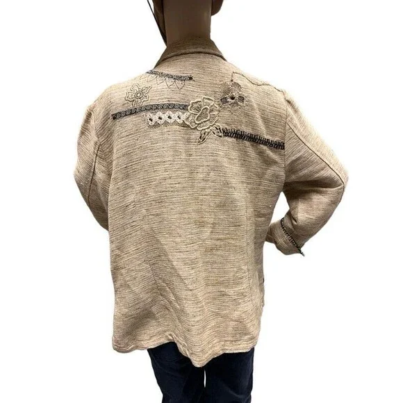 Coldwater Creek Tan Embroidered Floral Western Boho Linen Blazer Jacket Size 10 - Picture 4 of 11